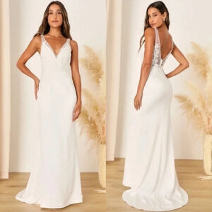 Lulu's Precious Promise White Satin Embroidered Lace Mermaid Maxi Dress Bridal